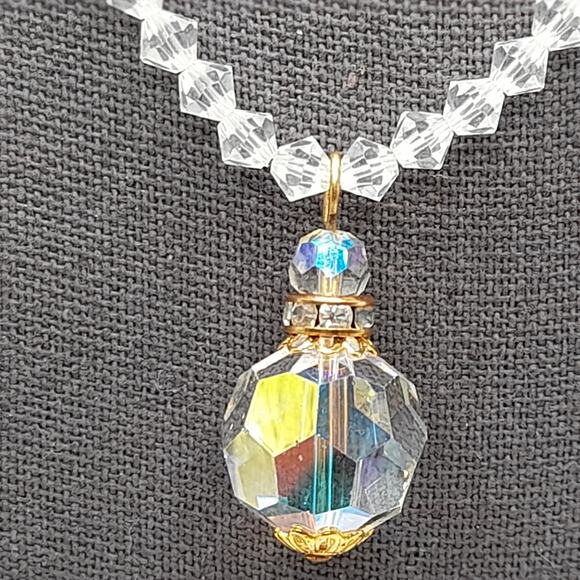 Vintage 1960s Crystal Faceted Pendant Necklace, AB Rhinestone Box Clasp, 17 Inch - Picture 1 of 11